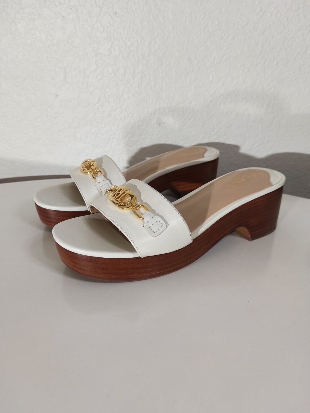 LAUREN Ralph Lauren Roxanne White Leather Platform Resort Sandals WM Size 8.5